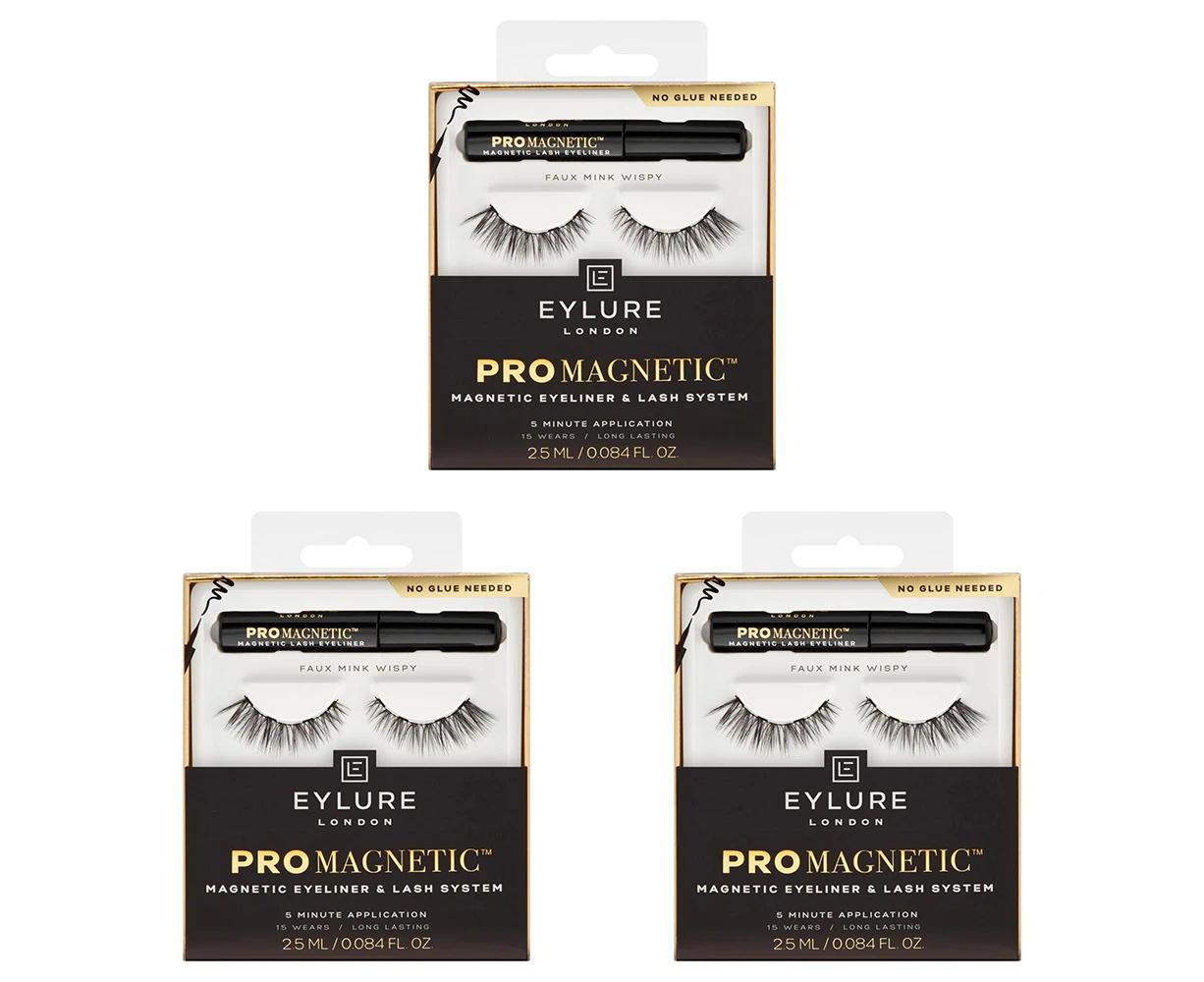 3x Eylure London Pro Magnetic Faux Mink False Lash & Black Eyeliner Set 15-Wears