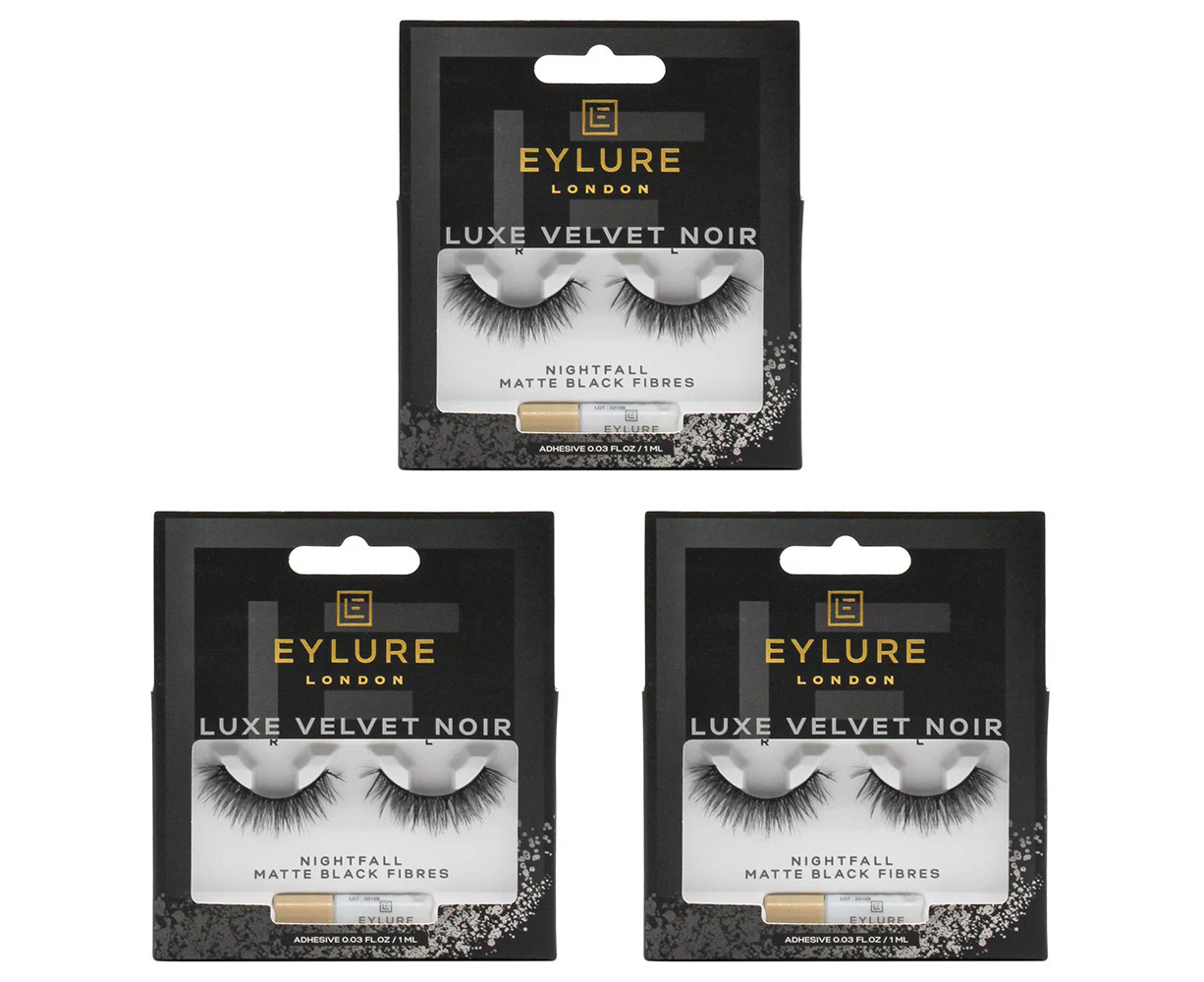 3x Eylure London Luxe Velvet Noir Lashes w/Glue Set Nightfall Matte Black Fibres