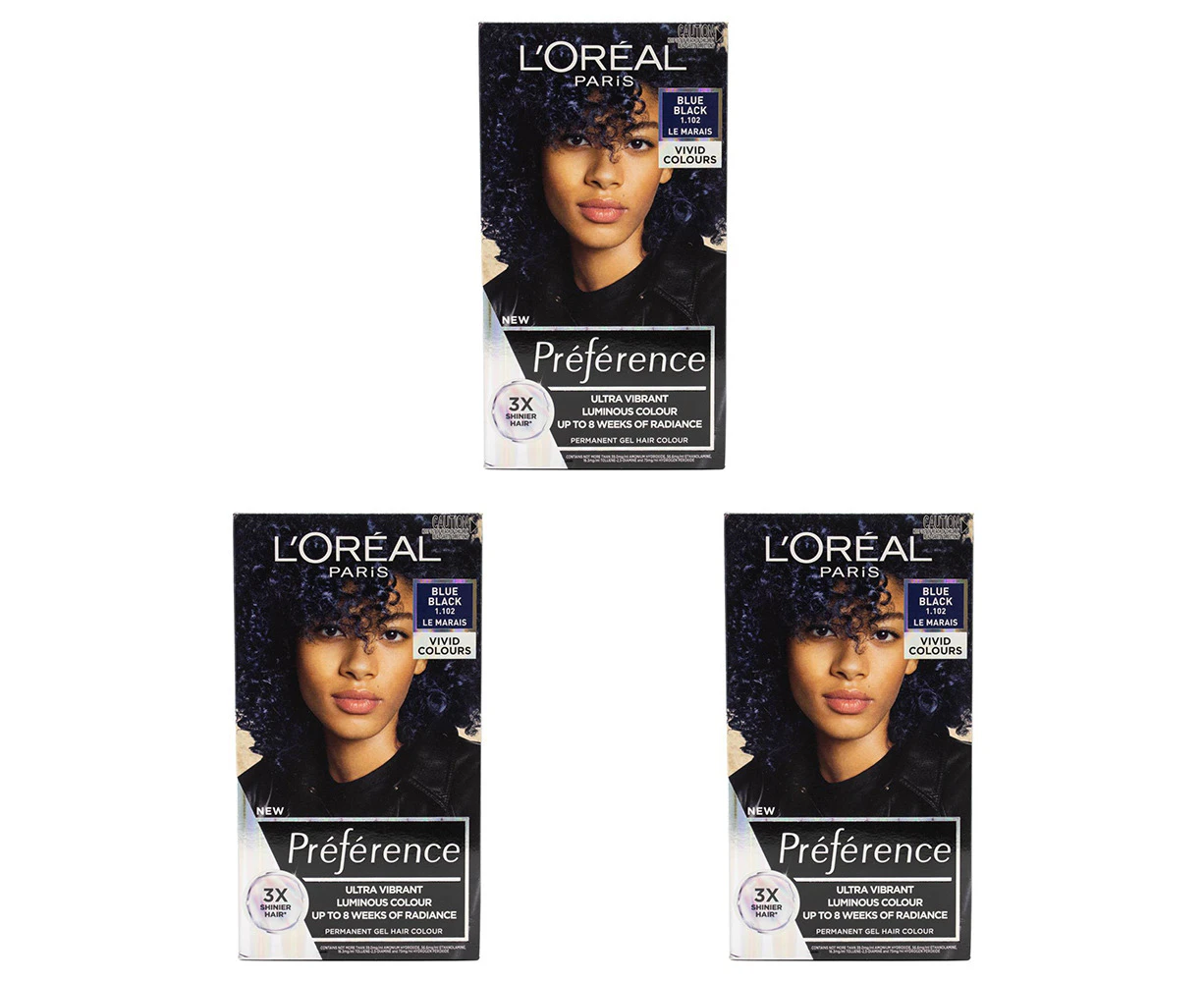 3x Loreal 204ml Preference Permanent Gel Hair Luminous Colour Blue Black 1.102