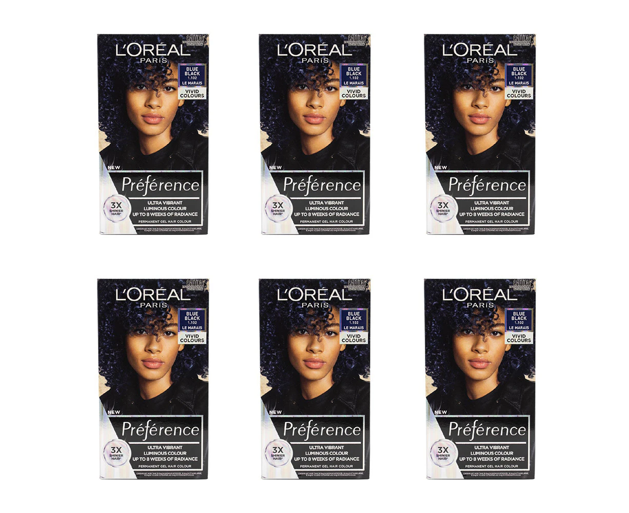 6x Loreal 204ml Preference Permanent Gel Hair Luminous Colour Blue Black 1.102