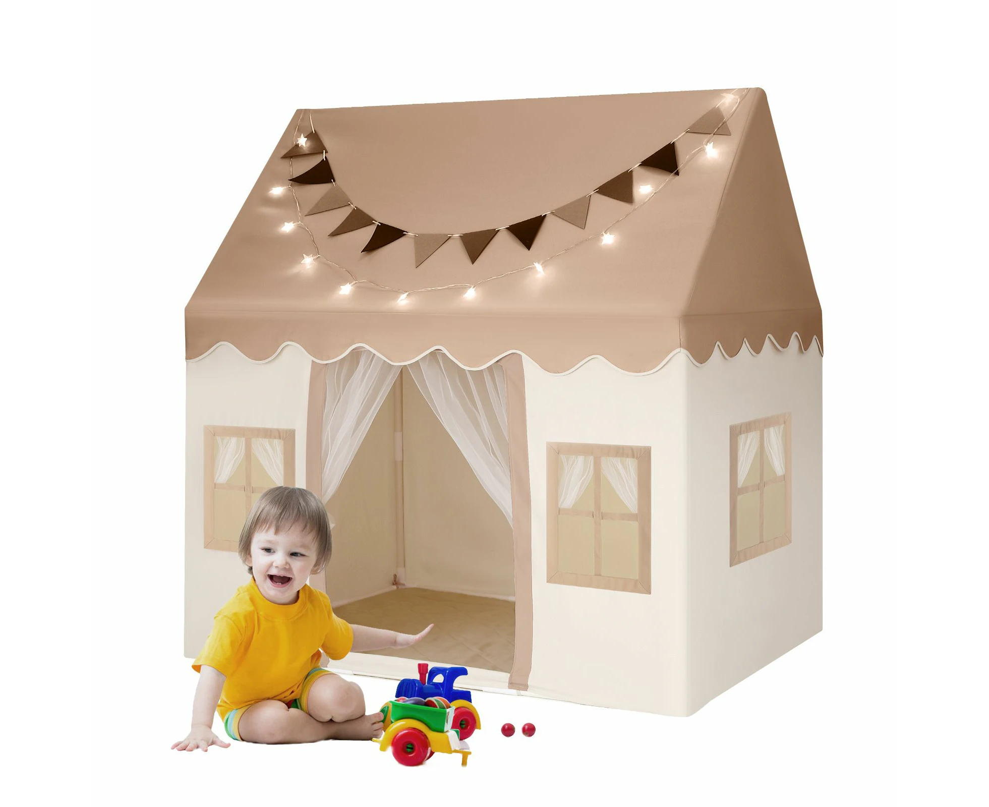 Kids Play Tent Playhouse Childrens Playroom Princess Castle Indoor Outdoor House Activity Centre Toy Gift with Mat Star Lights Banner Door Windows