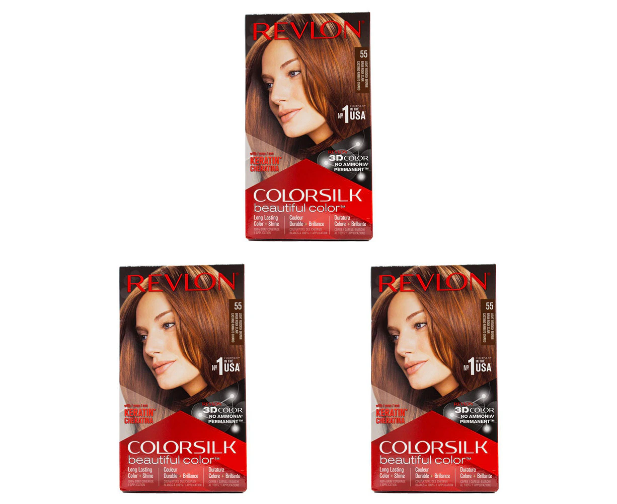 3x Revlon Colorsilk 3D Permanent Hair Color Dye w/ Keratin 55 Light Rddish Brown