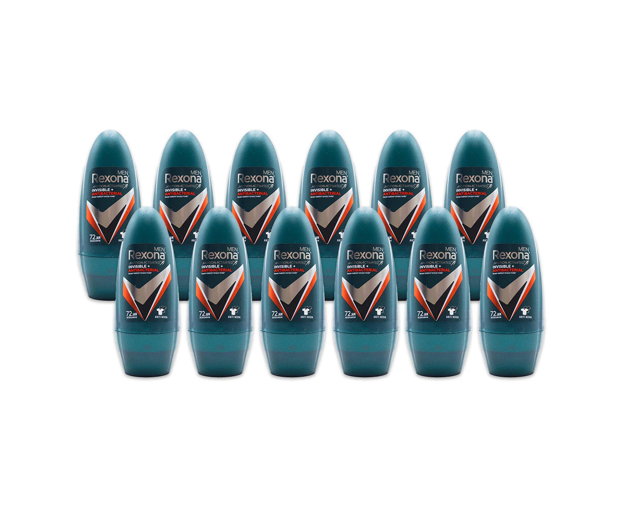 12x Rexona Men 45ml Antiperspirant Roll On Deodorant Invisible & Antibacterial