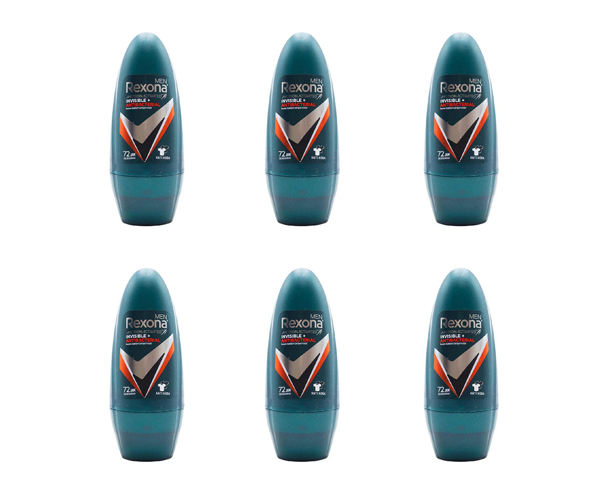 6x Rexona Men 45ml Antiperspirant Roll On Deodorant Invisible & Antibacterial