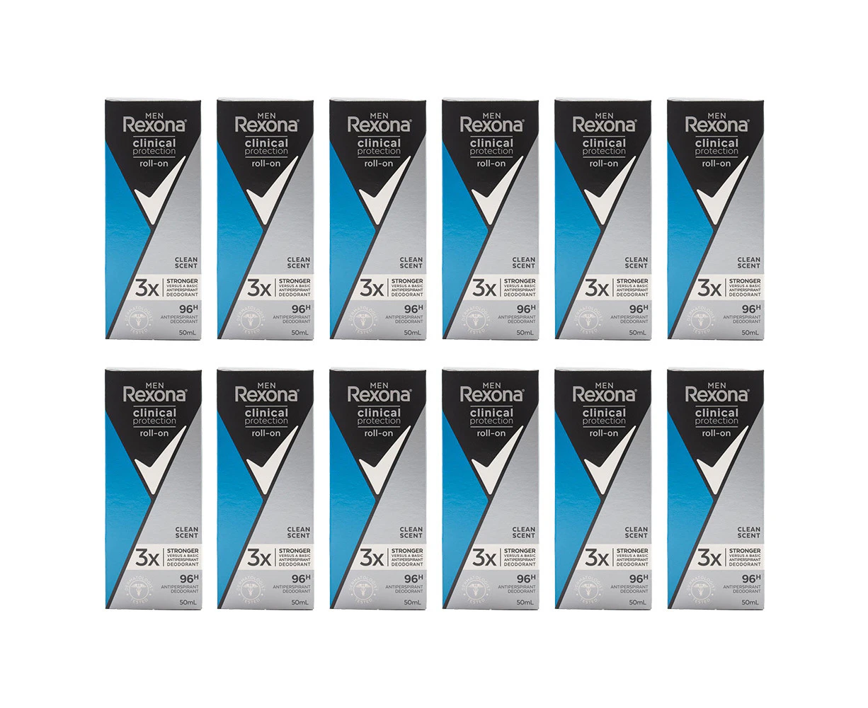 12x Rexona Men 50ml Roll On Antiperspirant Deodorant Clinical Protect Clean