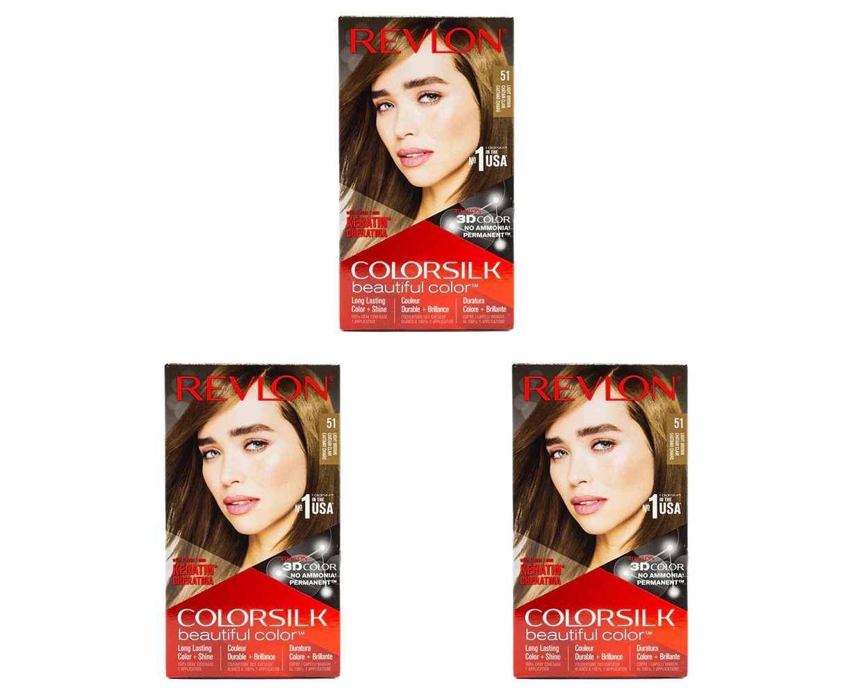 3x Revlon Colorsilk Permanent Hair Color Dye w/ Keratin Treatment 51 Light Brown