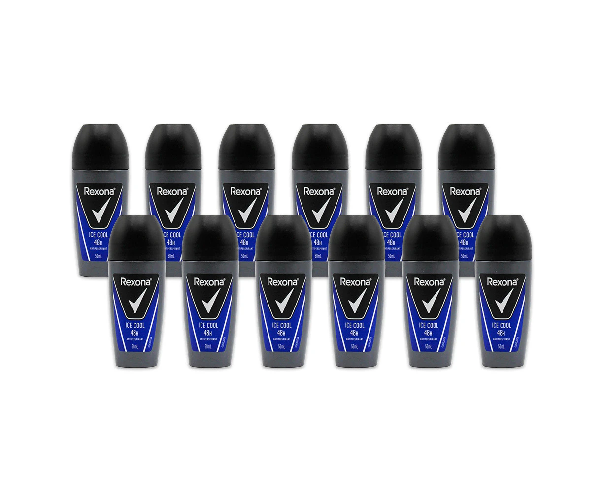 12x Rexona 50ml Antiperspirant Mens Roll On Deodorant 48h Protection Ice Cool