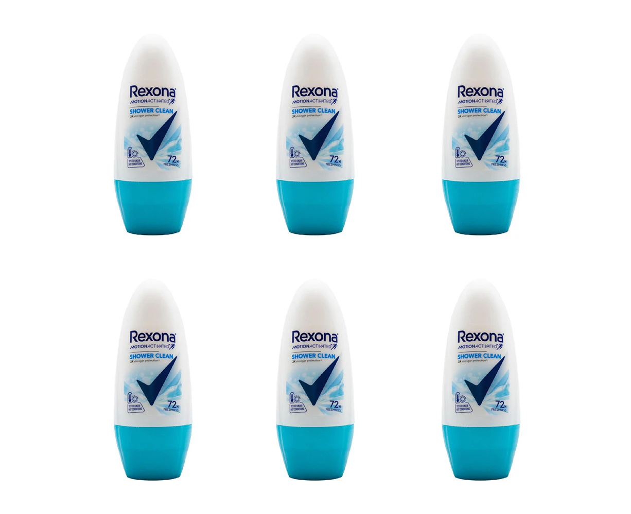 6x Rexona 45ml Antiperspirant Roll On Deodorant 48h Protection Shower Clean