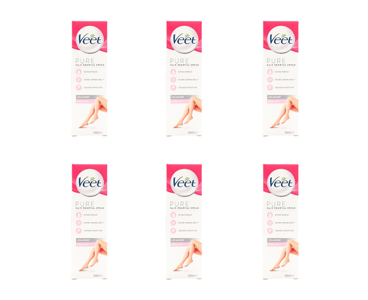 6x Veet 100ml Pure Hair Removal Cream Legs & Body For Normal Skin Odourless