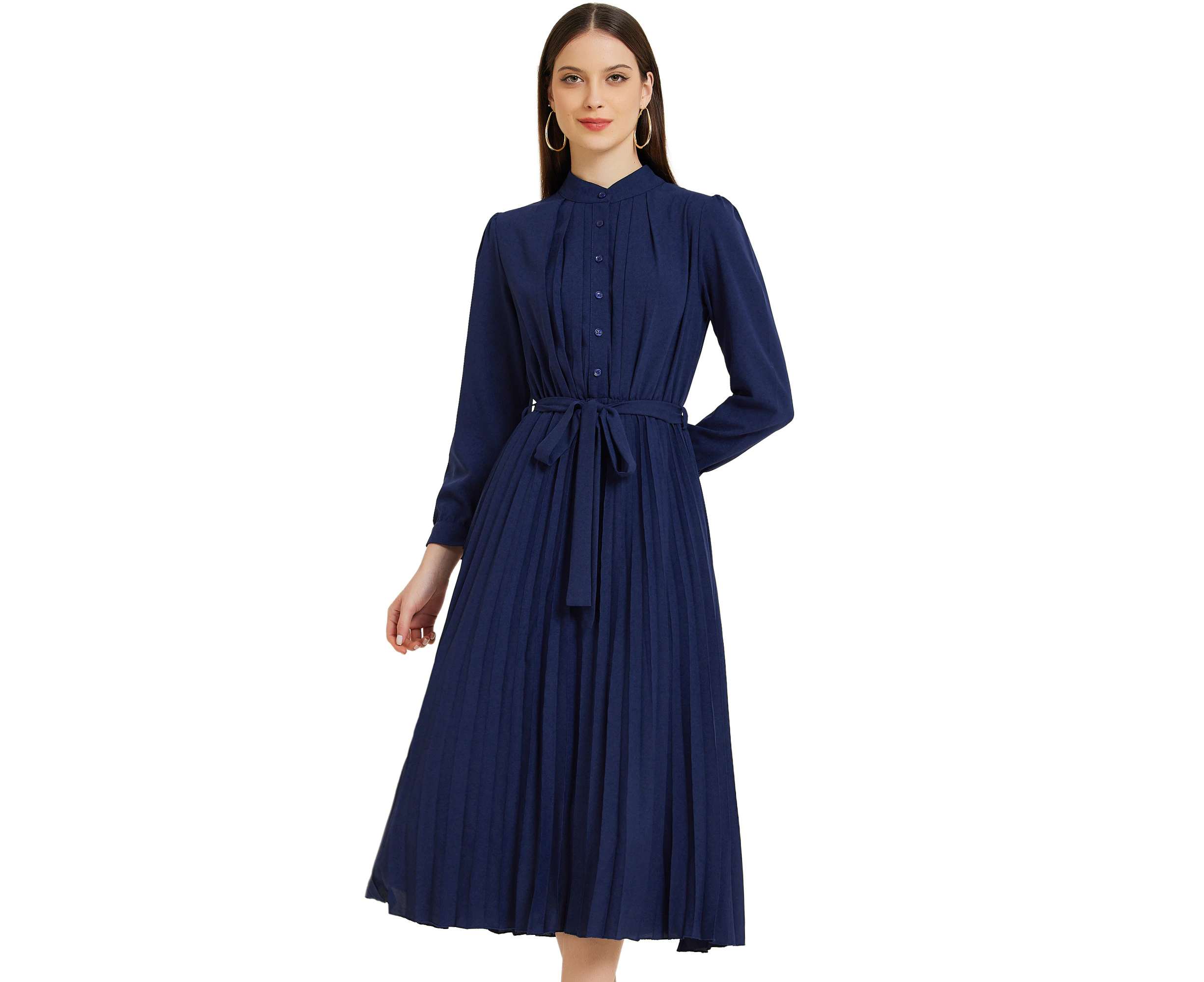 Allegra K Pleated Shirt Dress Long Sleeve Midi Dress Dark Blue