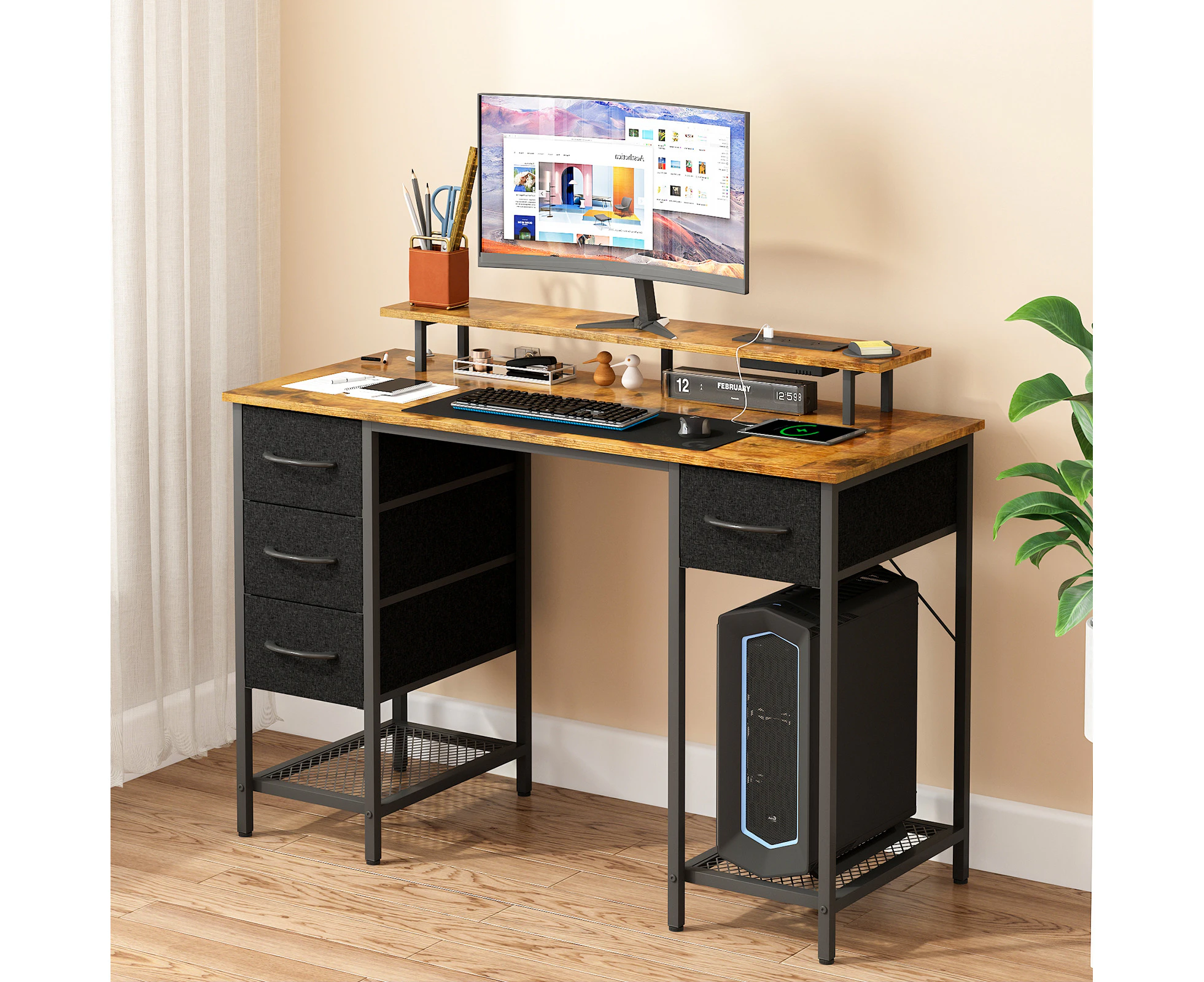 Advwin White Computer Desk with 4 Drawers, Gaming Desk with LED Lights & Power Outlets, Study Desk with Monitor Stand and Shelf,  Home Office Desk