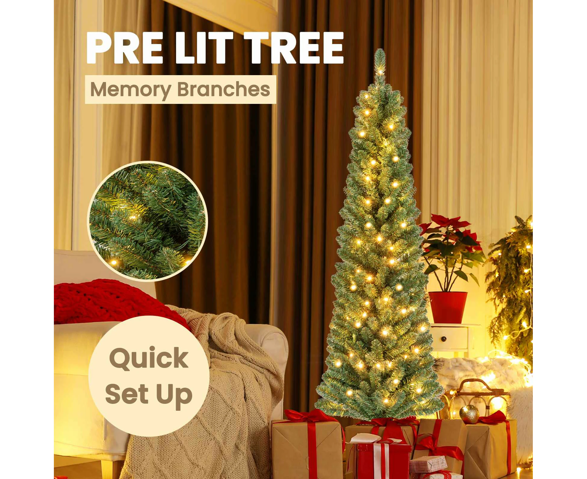 Costway 1.5M Festive Sherwood Fir Tree Pre-Lit Christmas Slim Memory Branchs Tree Xmas Pencil Tree Party Decoration Gift