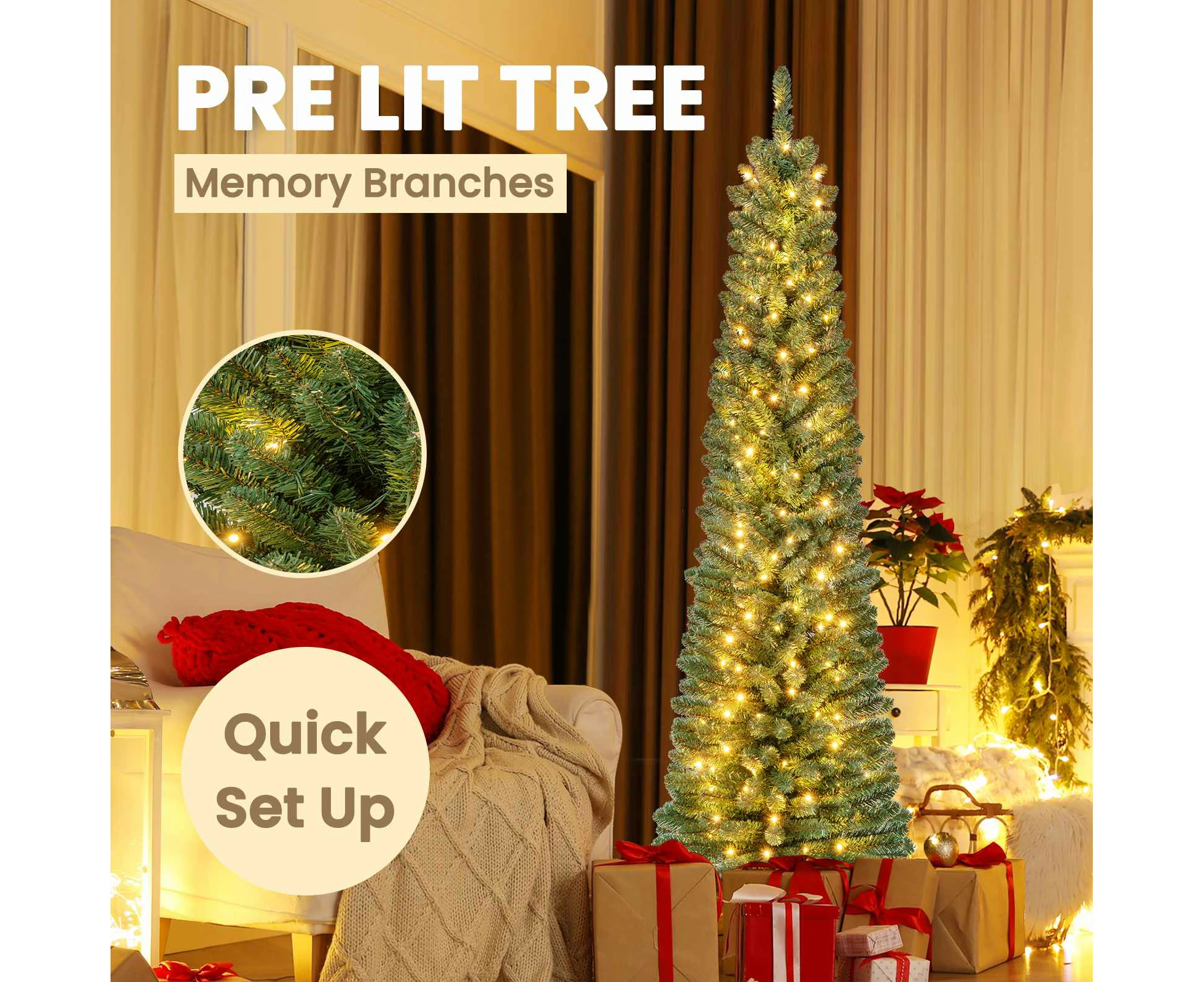 Costway 1.8M Festive Sherwood Fir Tree Pre-Lit Christmas Slim Memory Branchs Tree Xmas Pencil Tree Party Decoration Gift