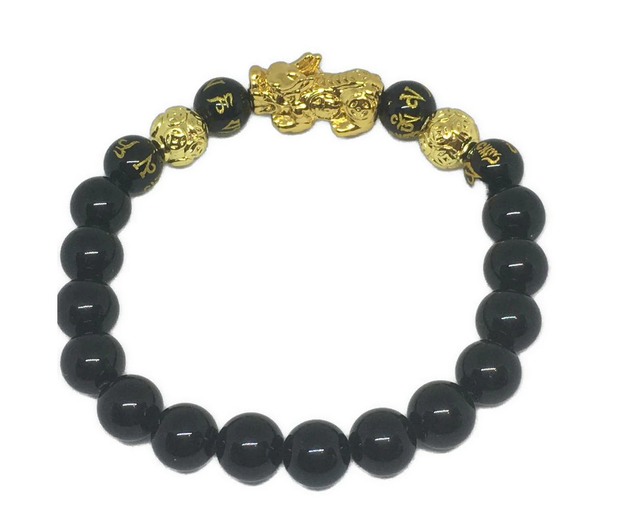 PiXiu and Black Obsidian Crystal Gemstone Bracelet 8mm Unisex - Feng Shui - Abundance, Wealth and Protection