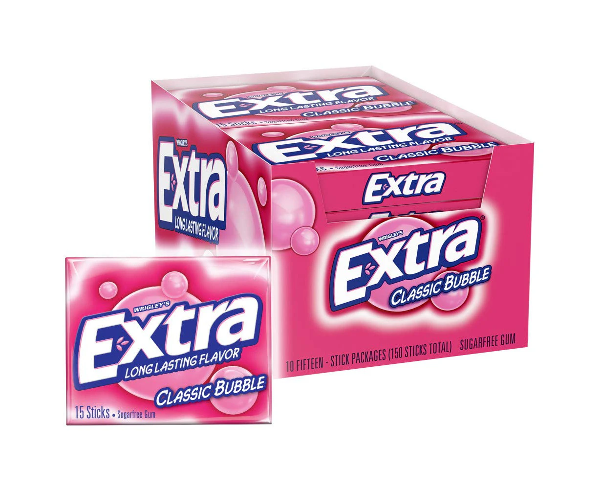 Wrigleys Extra Chewing Gum Classic Bubble 15 Pieces X 10 Pack - USA