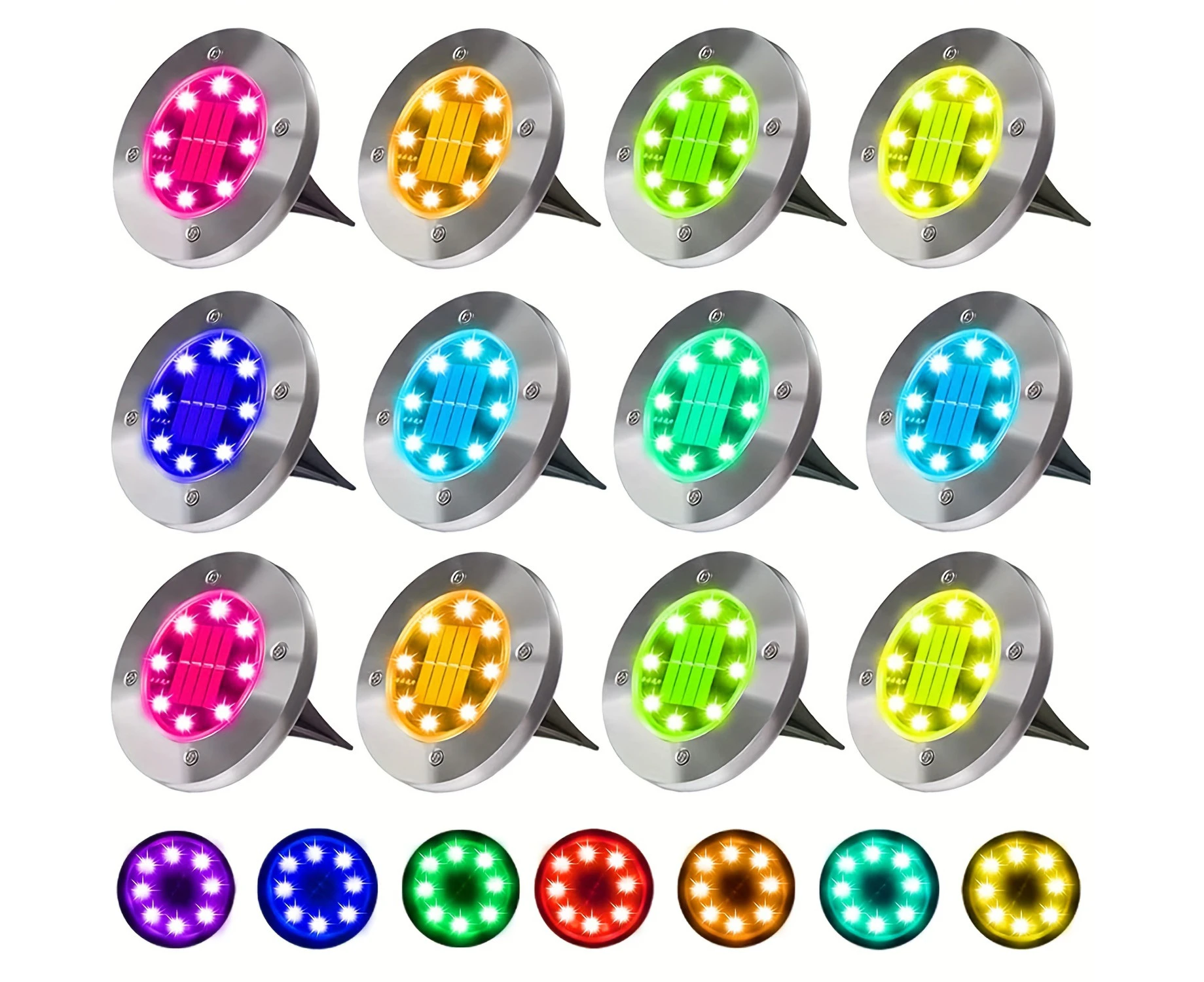 12 Pack Color Changing Solar Ground Lights, 8 LED Solar Outdoor Lights, Multicolor Solar Disk Lights, Waterproof Disc Puck Lights For Pathway Yard Lawn