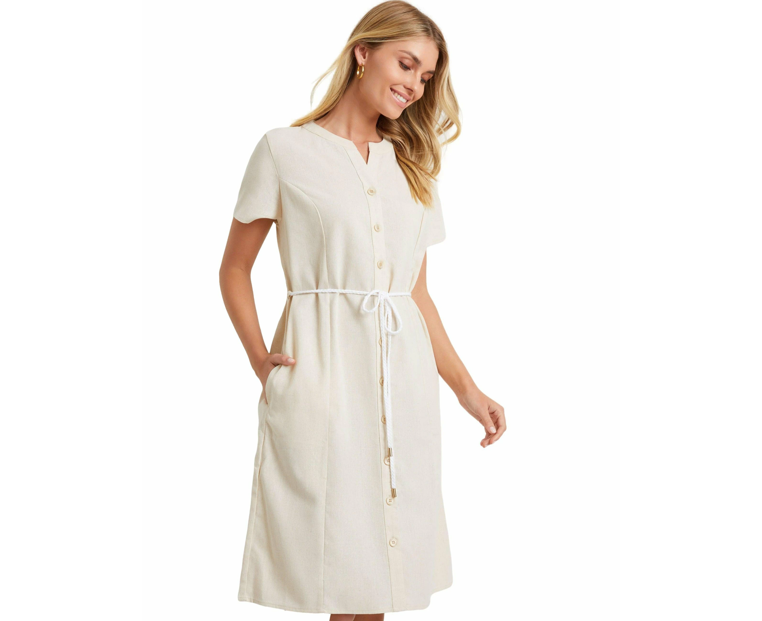 Noni B Womens Dress - Regular Beige Shift - Summer - Relaxed Fit - Solid - Straight Sleeve - Knee Length