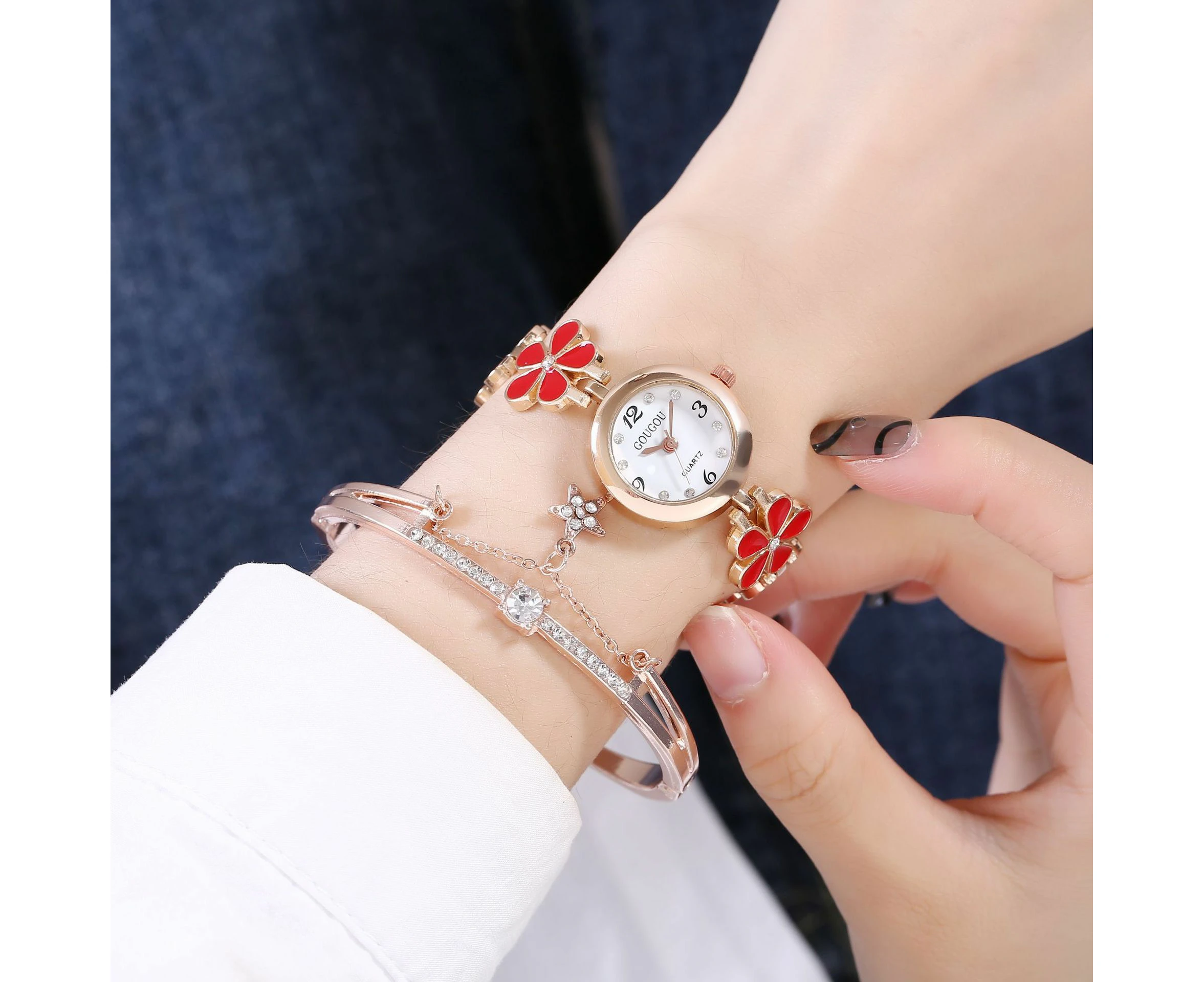 Chic Women's Colorful Floral Pattern Quartz Watch and Bracelet Ensemble - Red Watch Bracelet