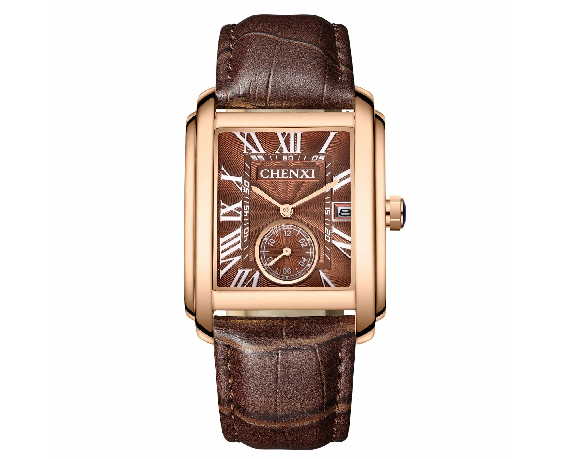 Elegant Rectangular Quartz Watch for Men with Versatile Strap Choices - Rose Shell Brown Surface