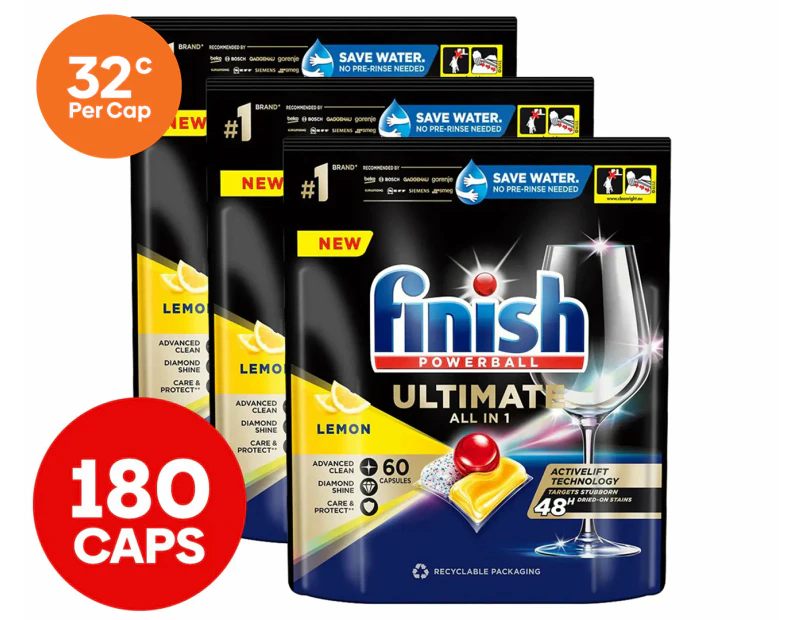 3 x 60pk Finish Powerball Ultimate All in 1 Dishwashing Caps Lemon