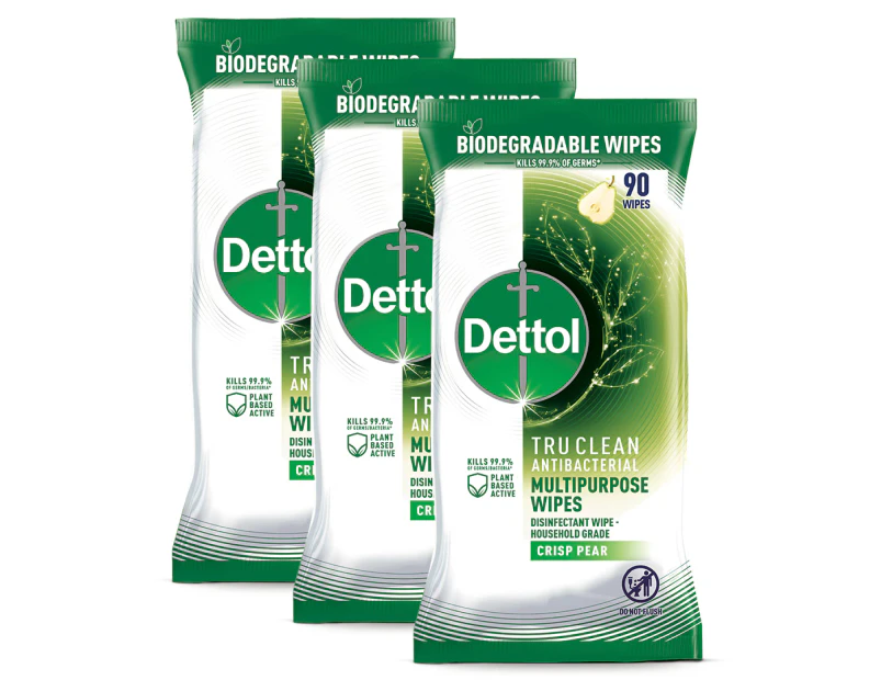 3 x 90pk Dettol Tru Clean Antibacterial Multipurpose Disinfectant Wipes Crisp Pear