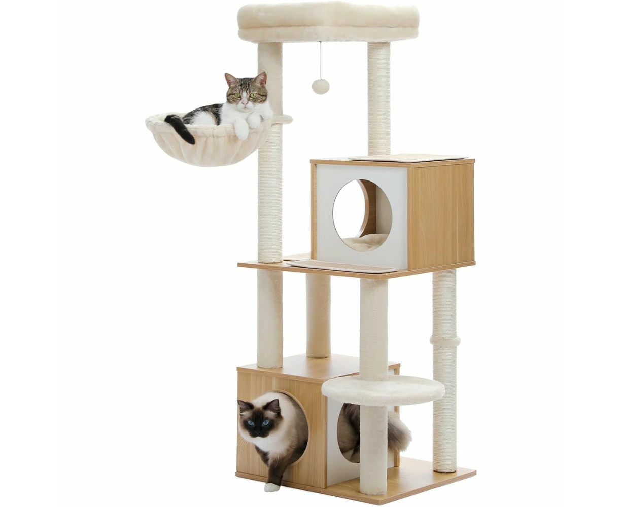 Hansona 130CM Large Cat Tree Wooden Tower with Double Condos, Spacious Perch, and Soft Hammock