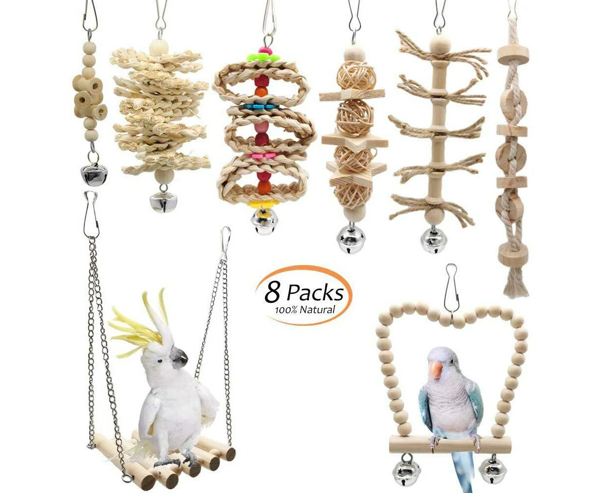 Set of 8 Wooden Swing Hammock Chew Toys Bird Toys for Canaries