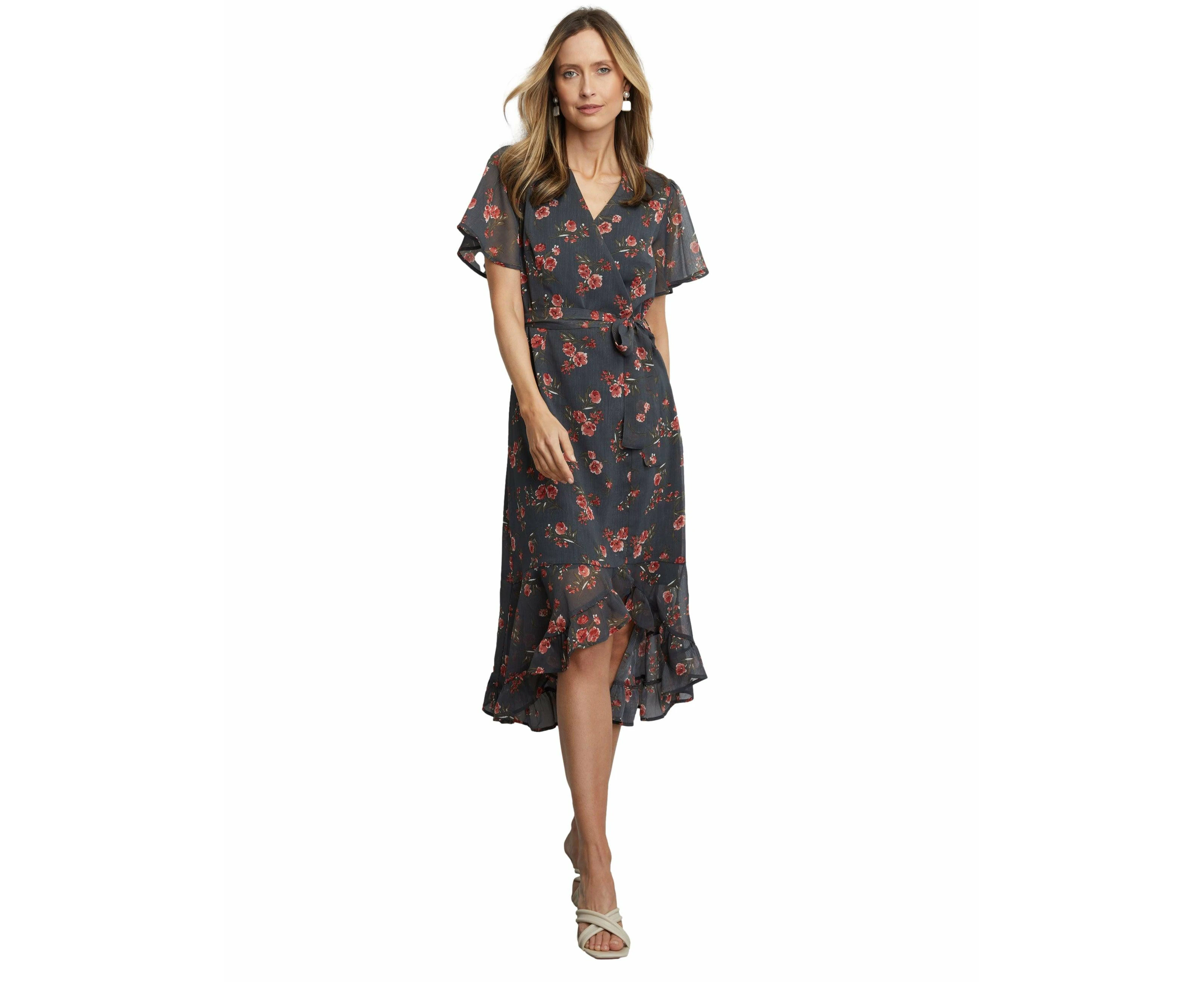 Liz Jordan Womens Dress - Regular Red Wrap - Summer - Relaxed Fit - Floral - Bell Sleeve - Midi