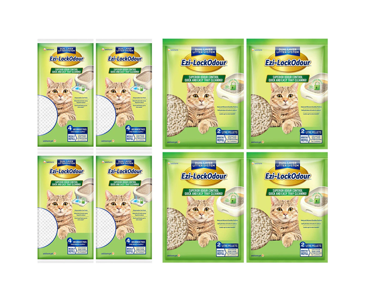 4 x Ezi Lockodour Natural Cat Litter Pellets 2L & 4 x Ezi LockOdour Litter Pads