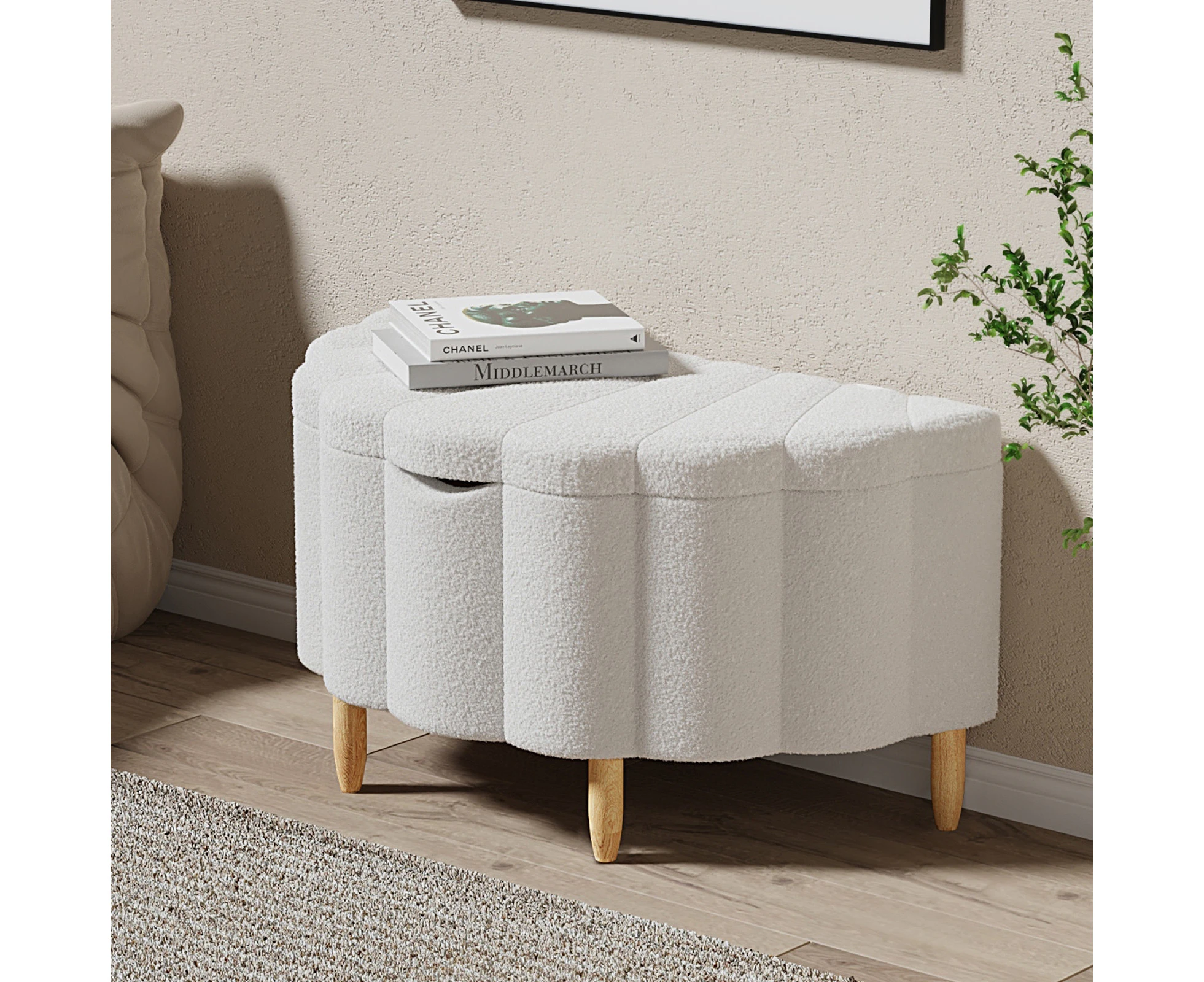 Oikiture Boucle Storage Ottoman Scallop Blanket Box Sherpa Fleece Footstool Seat Chest White