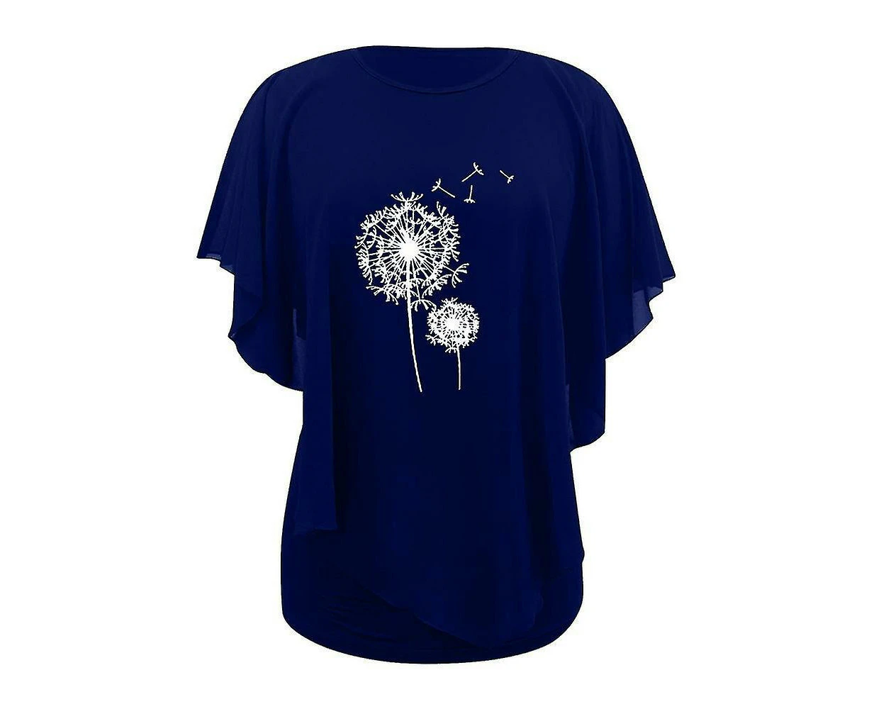 Lady Printed Round Neck Short Sleeve T-shirt Summer Casual Top-Dark Blue