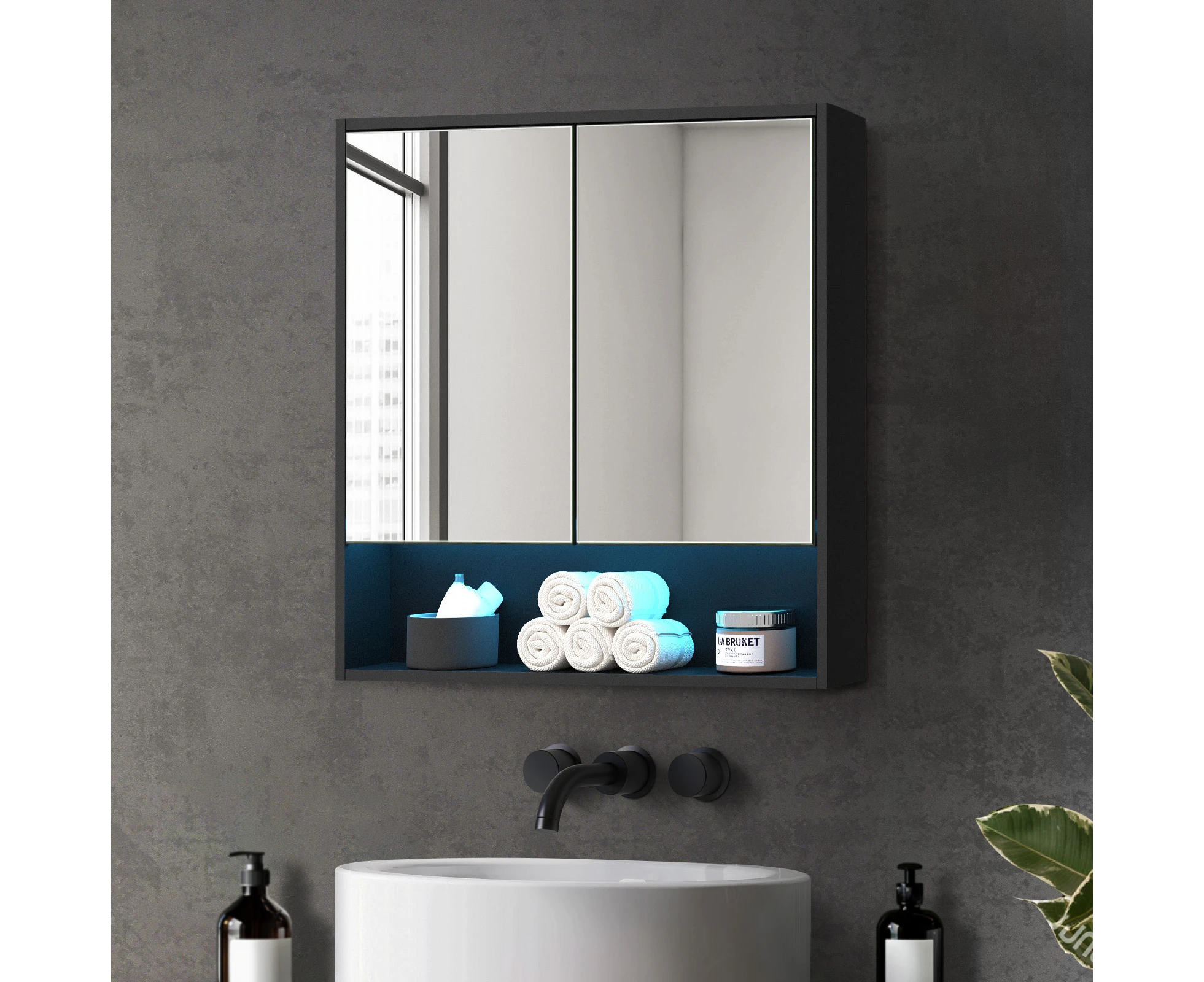 Welba Bathroom Mirror Cabinet LED Medicine Shaving Wall Storage 750x750mm Black