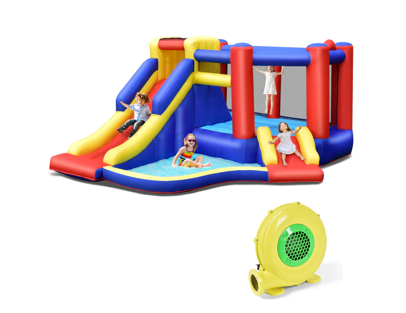 Inflatable Water Slide Kids Jumping Castle Wet Dry Combo Bounce House w/Basketball & Blower