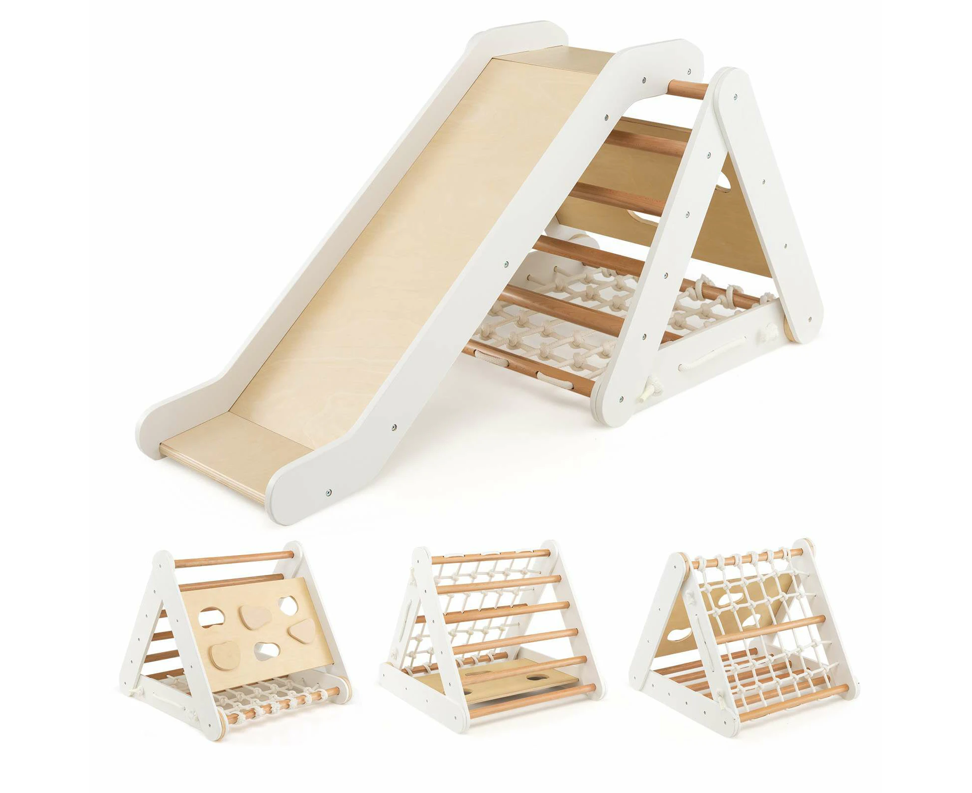 Kids Climbing Play Set 4-in-1 Wooden Triangle Climber Toy Indoor Toddler Slide Activity Center Beige