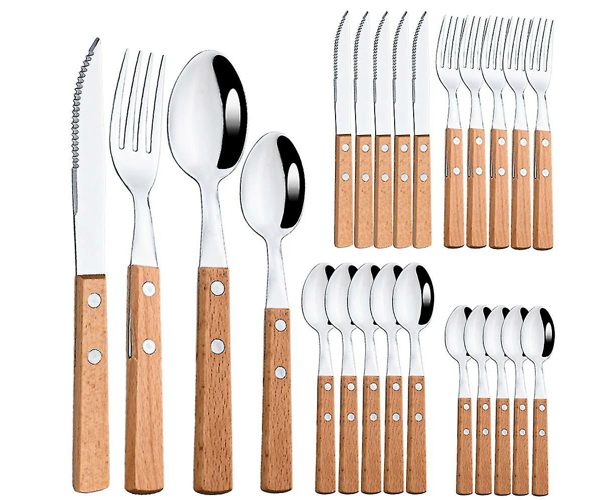 24pcs Cutlery Set Stainless Steel Wooden Tableware Set Spoon Fork Knife Kitchen Dinner And Party Tableware