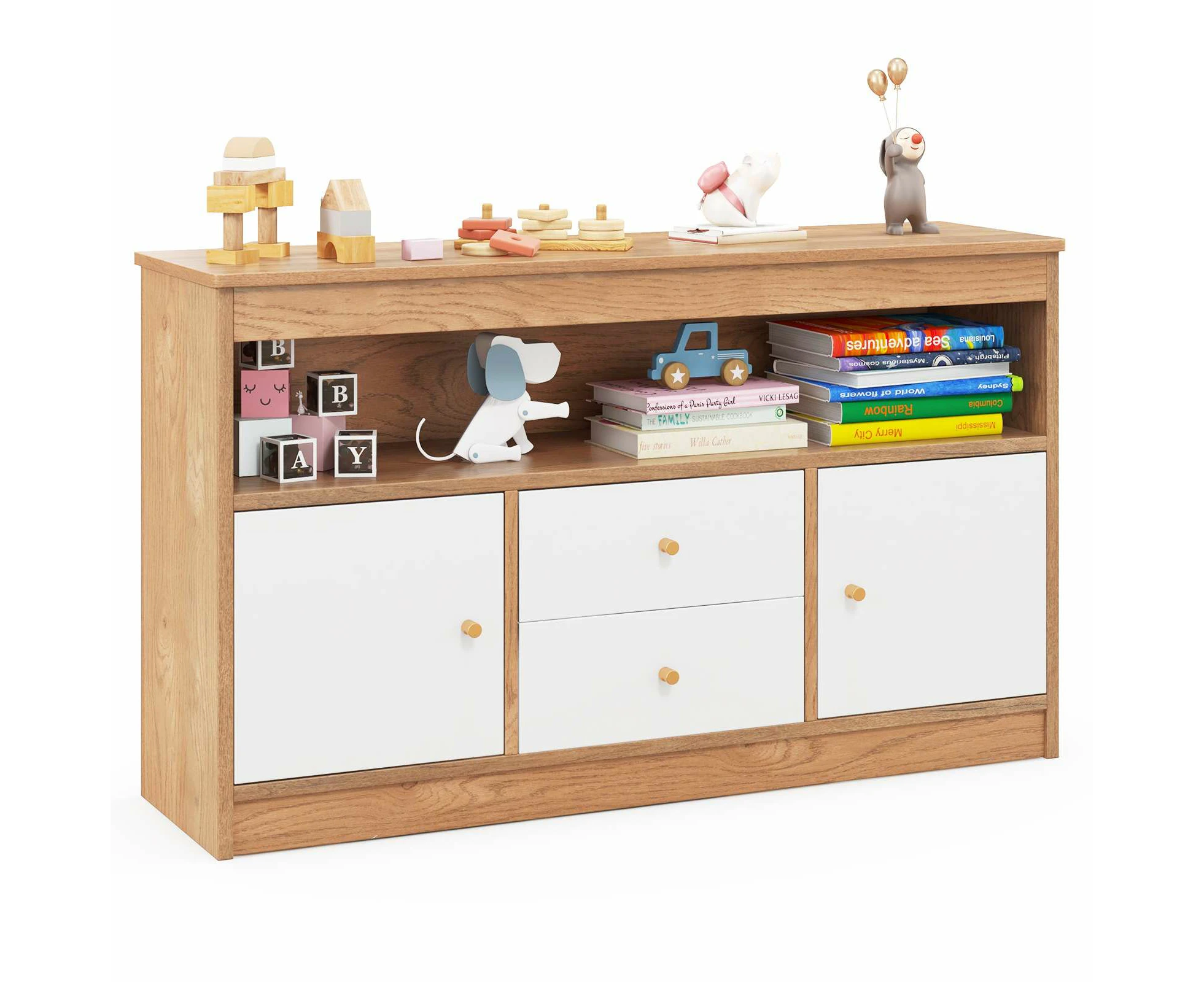 Giantex Toy Storage Organizer Chest w/Drawers & Closed Cabinets for Books and Dolls Natural