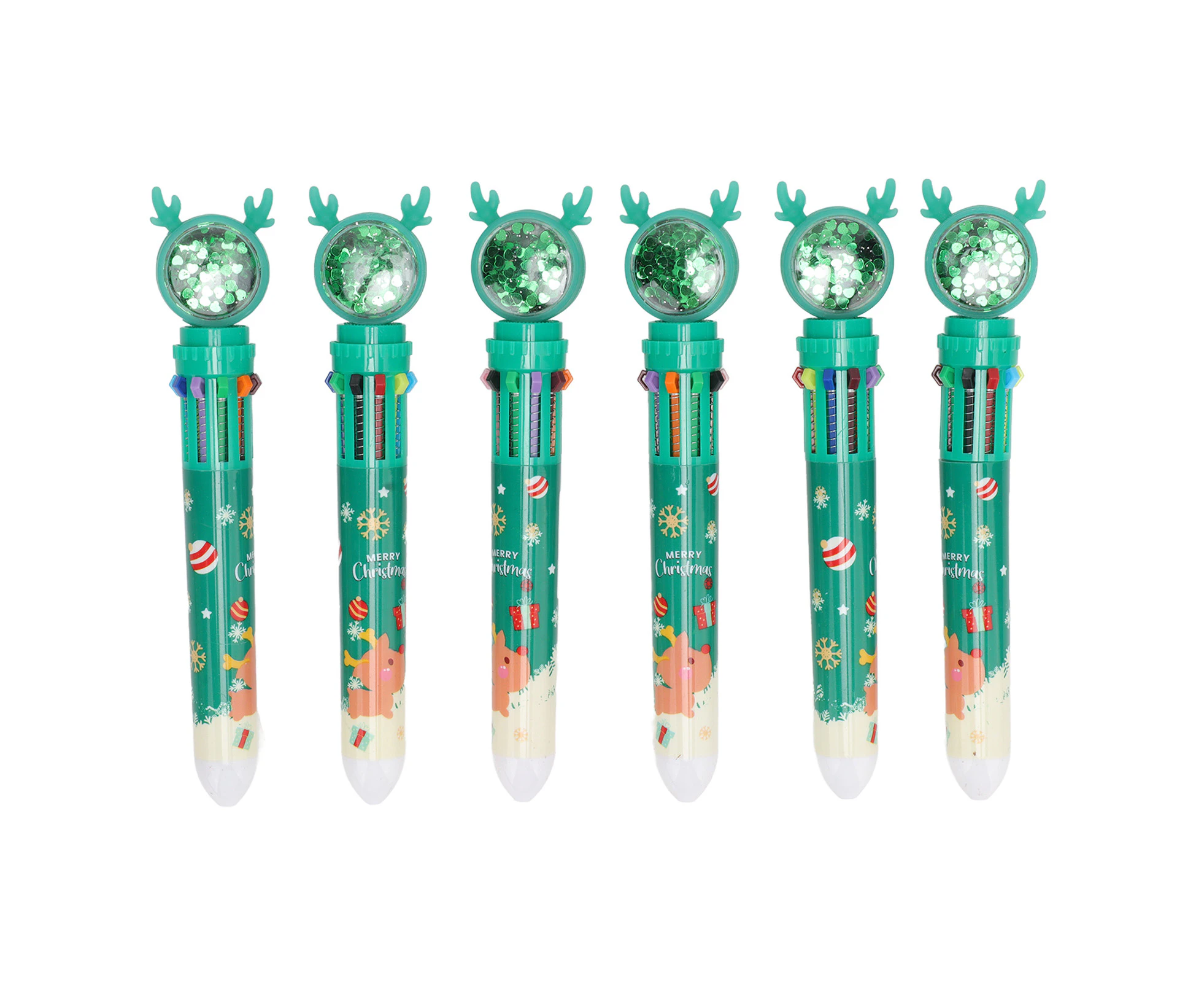 6Pcs Christmas Theme Ballpoint Pens 10 Color Cute Sequin Retractable Gift School Office Stationery Green Elk Pattern