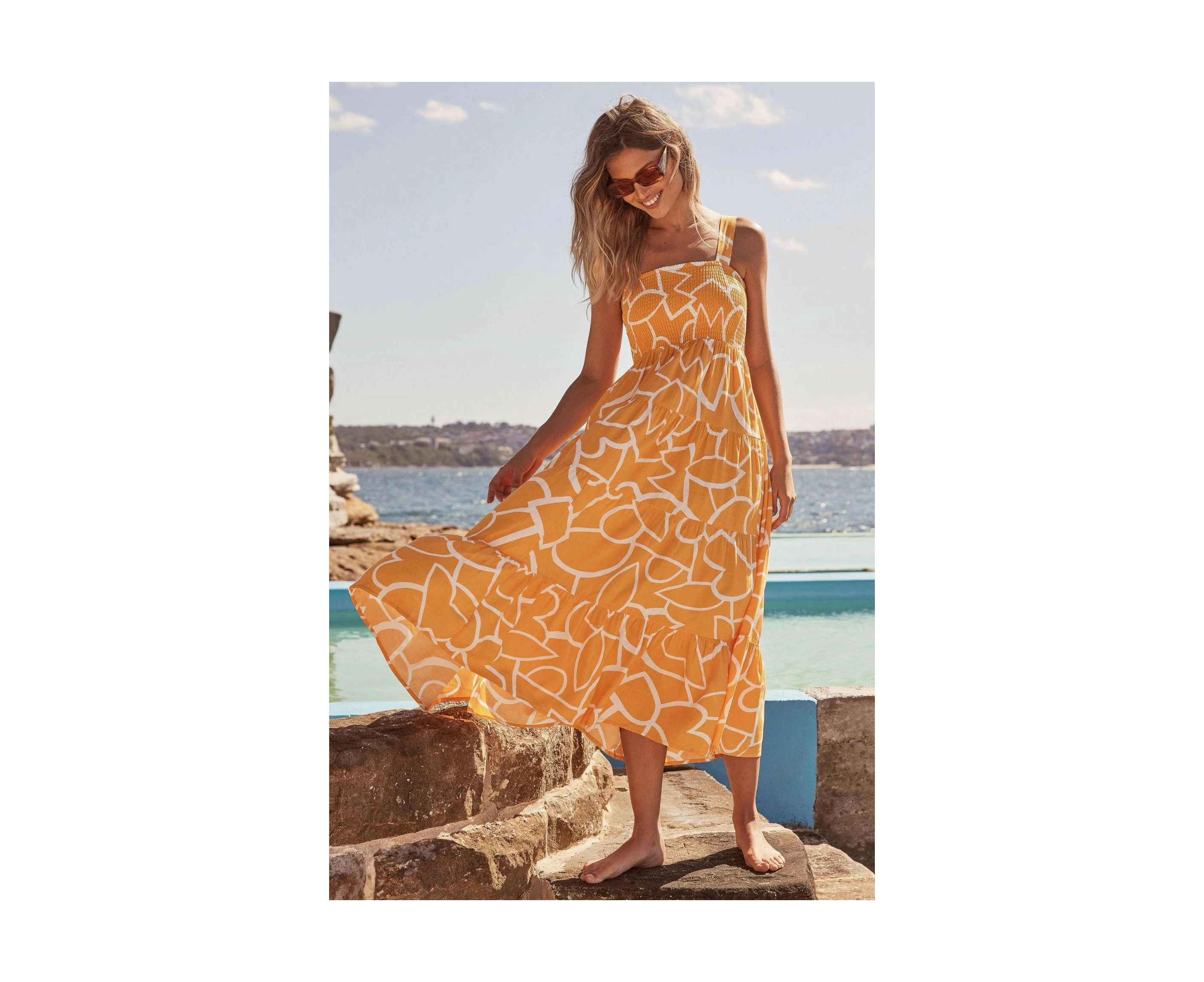 Women's Summer Boho Spaghetti Strap Square Neck Smocked Tiered Ruffle Beach Maxi Dress-Yellow geometry