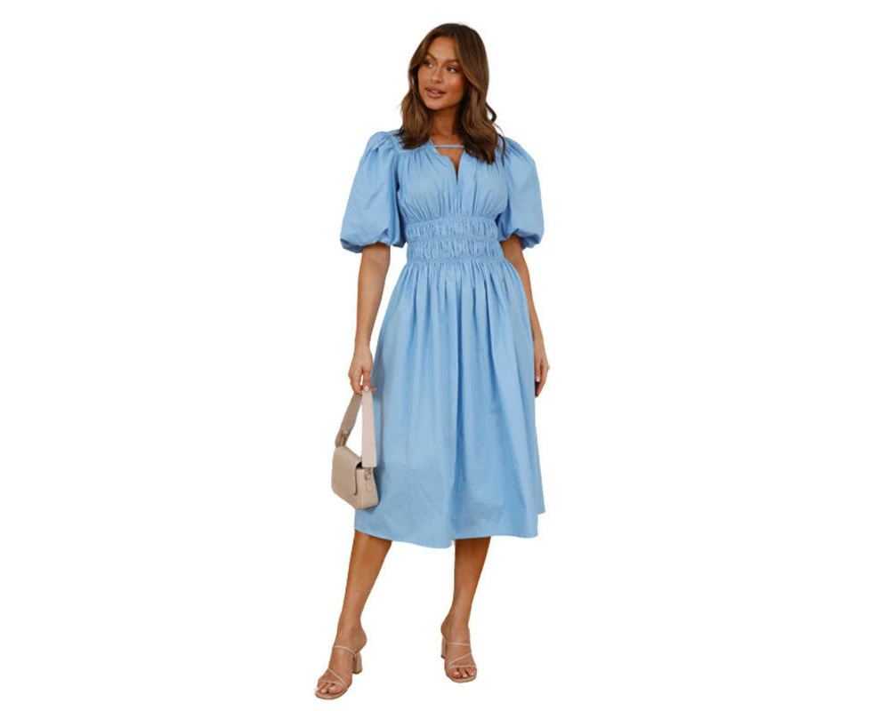 Womens Summer Maxi Dress V Neck Puff Short Sleeve Beach Flowy Long Dresses-Light blue