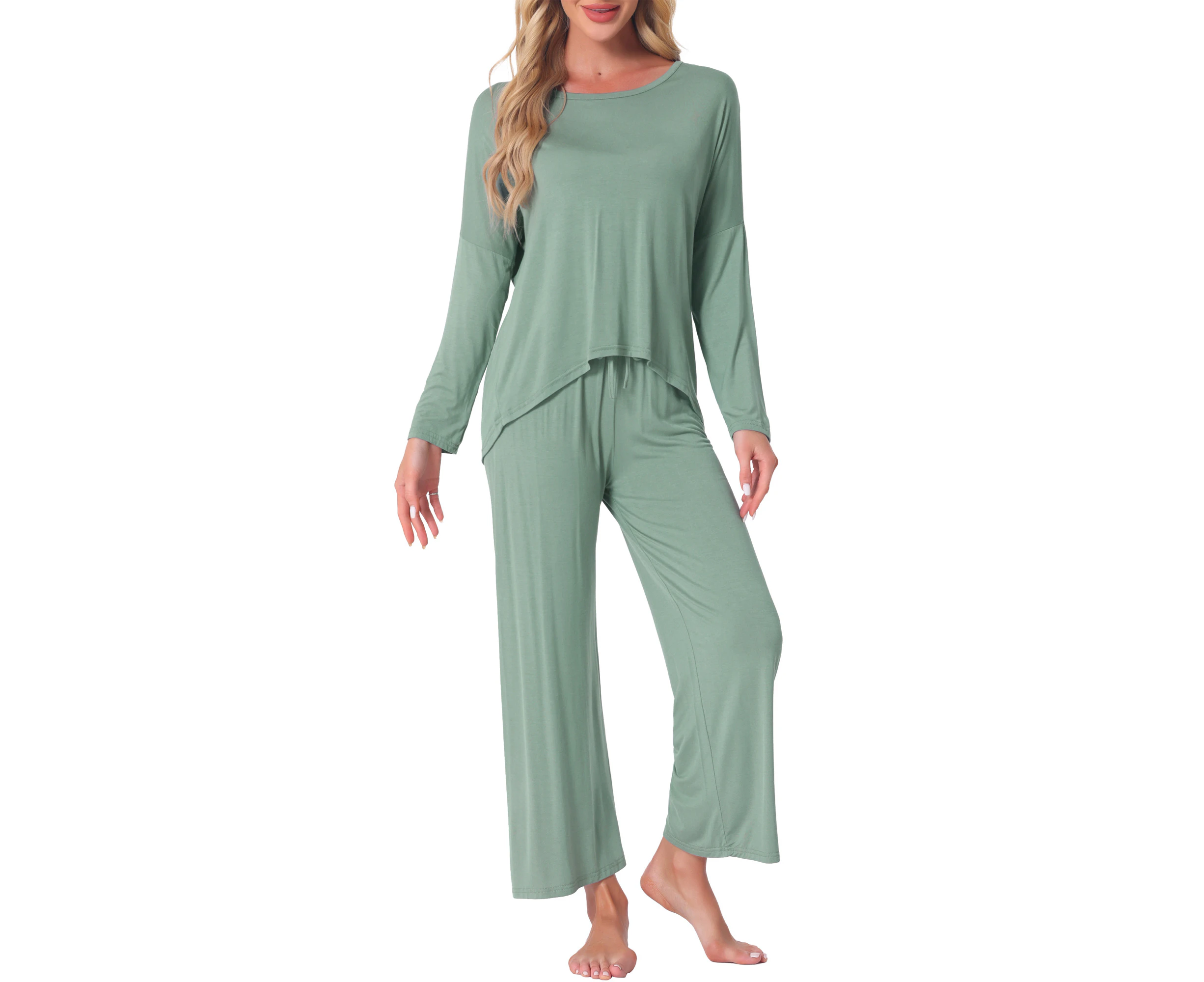 cheibear High Low Top Pants Comfy Loose Lounge Sets Green