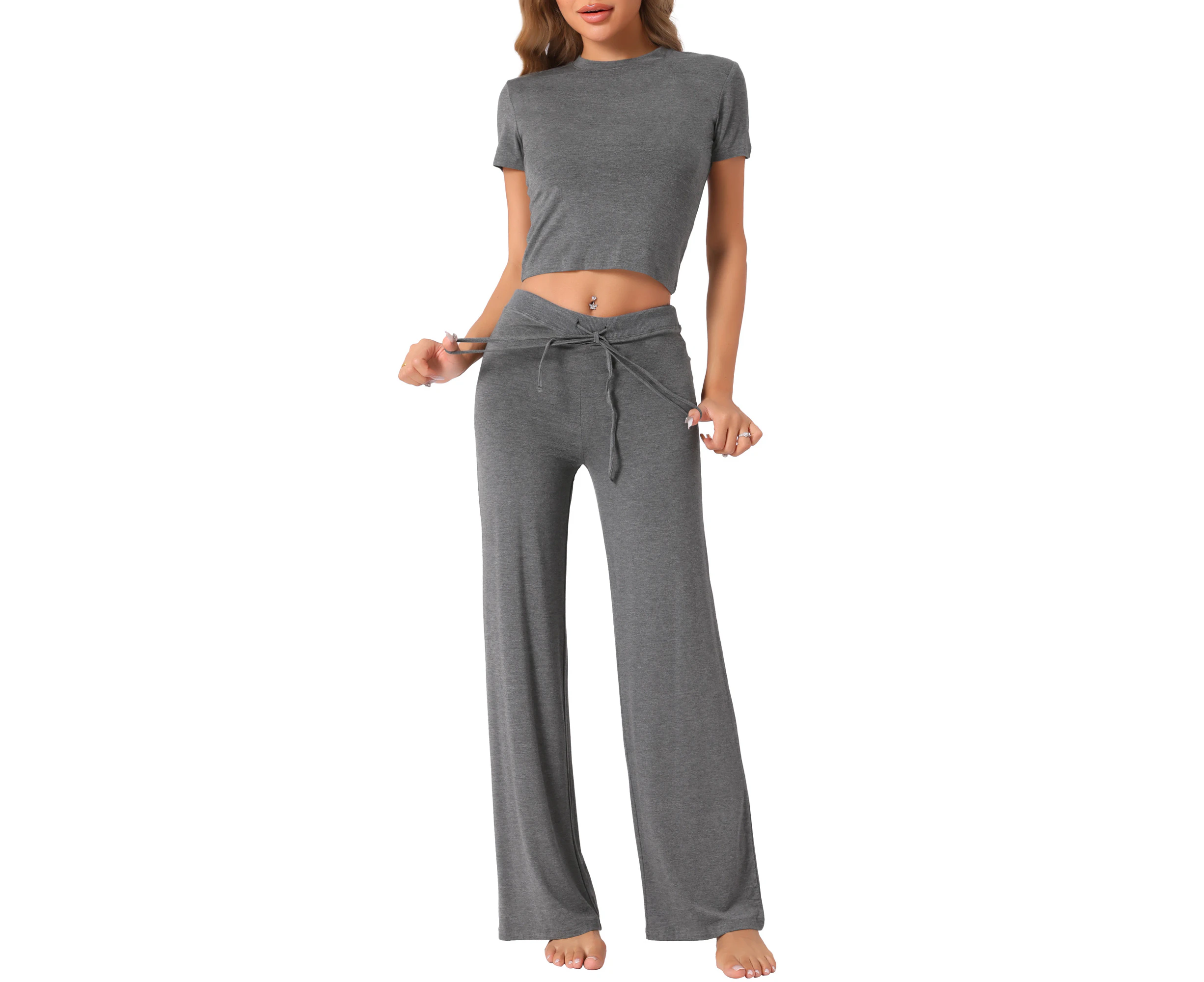 cheibear Crew Neck T-shirt Wide-Led Pants Lounge Set Deep Grey