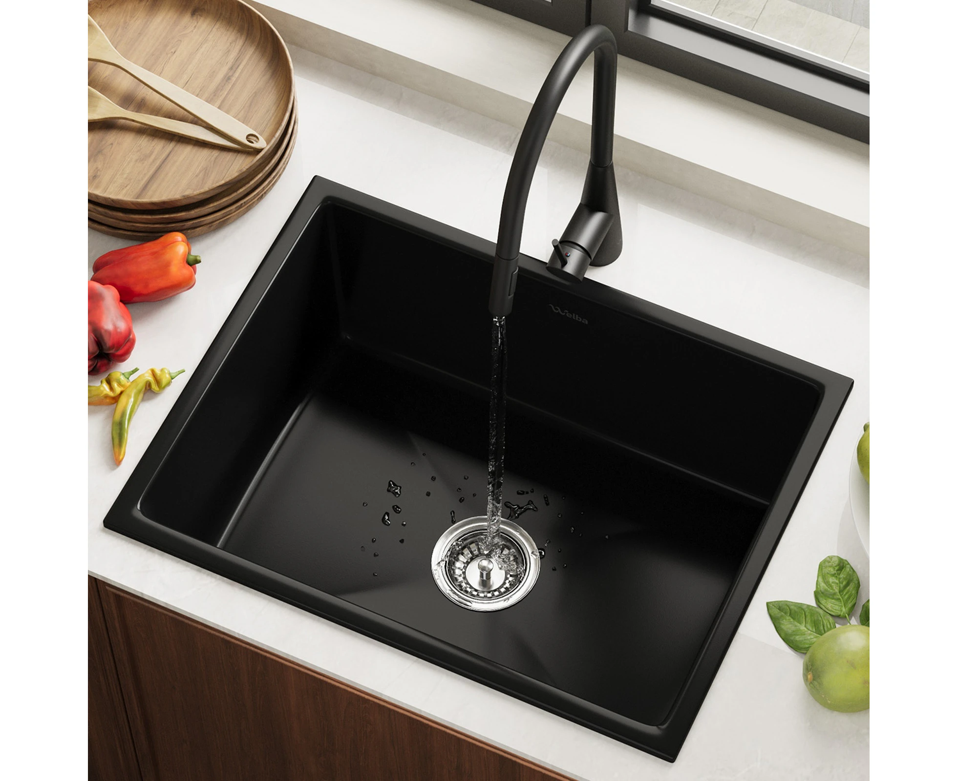 Welba Kitchen Sink Basin Granite Stonk with Mixer Tap Faucet 59cmx45cm Black