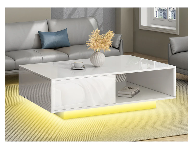 ALFORDSON Coffee Table LED Light High Gloss Drawer White