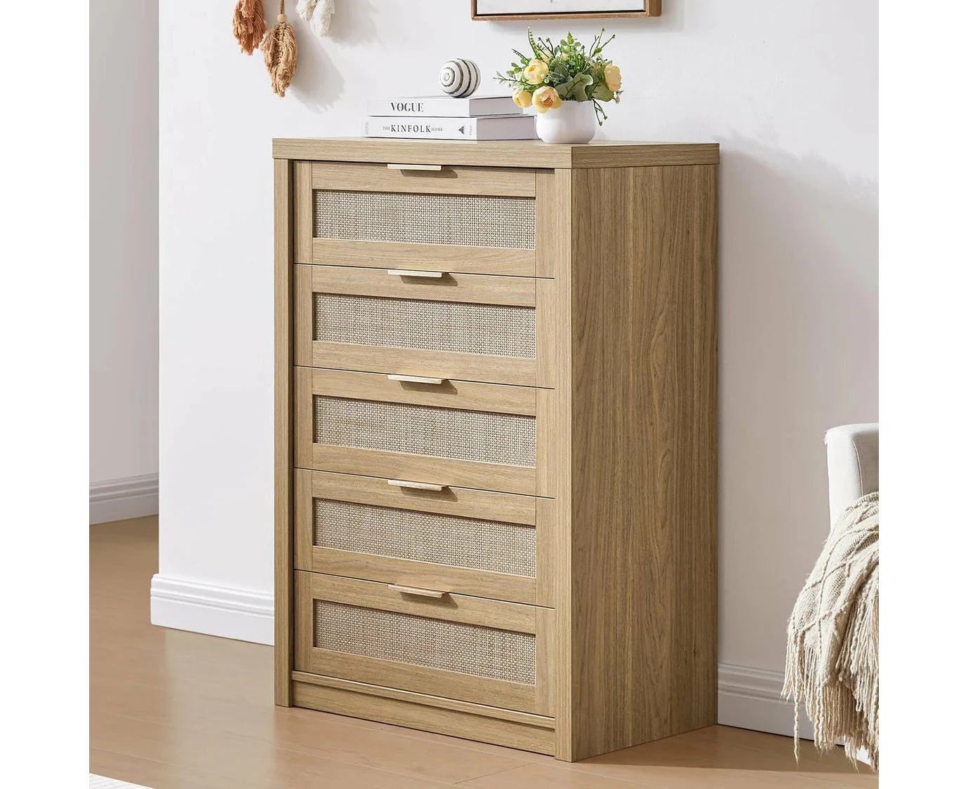 5 Drawers Dresser Tallboy Storage Cabinet/Rattan Storage Sideboard Chest of Drawers Weathered Oak