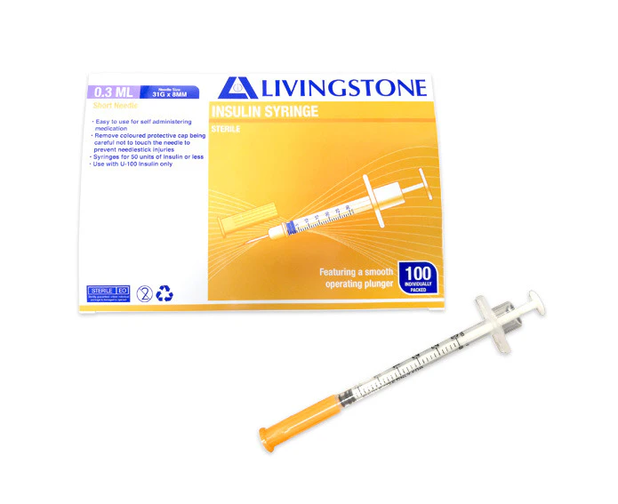 Livingstone Insulin Syringes 0.3ml with White Plunger with Needle 31 Gauge x 0.32 Inch 8mm Sterile 100 Box