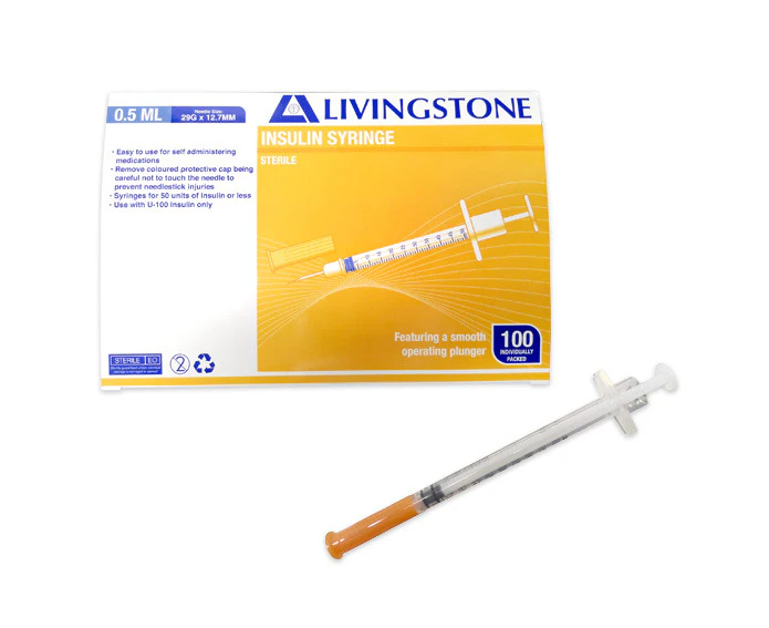 Livingstone Insulin Syringes 0.5ml with White Plunger with Needle 29 Gauge x 0.5 Inch 12.7mm Sterile 100 Box