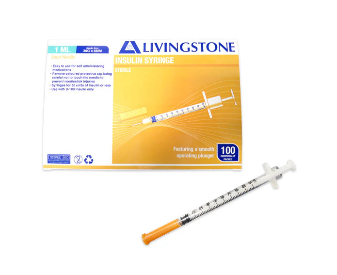 Livingstone Insulin Syringes 1ml with White Plunger with Needle 30 Gauge x 0.32 Inch 8mm Sterile 100 Box