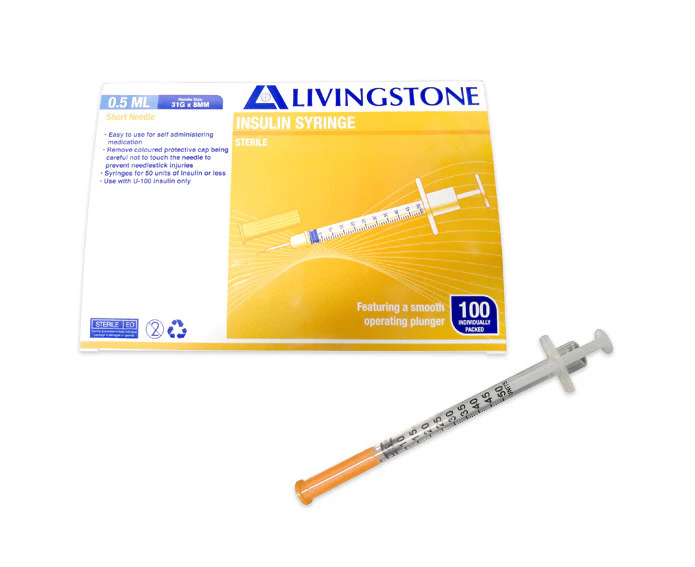 Livingstone Insulin Syringes 0.5ml with White Plunger with Needle 31 Gauge x 0.32 Inch 8mm Sterile 100 Box