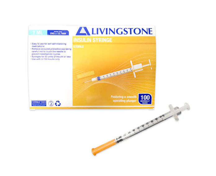 Livingstone Insulin Syringes 1ml with White Plunger with Needle 29 Gauge x 0.5 Inch 12.7mm Sterile 100 Box