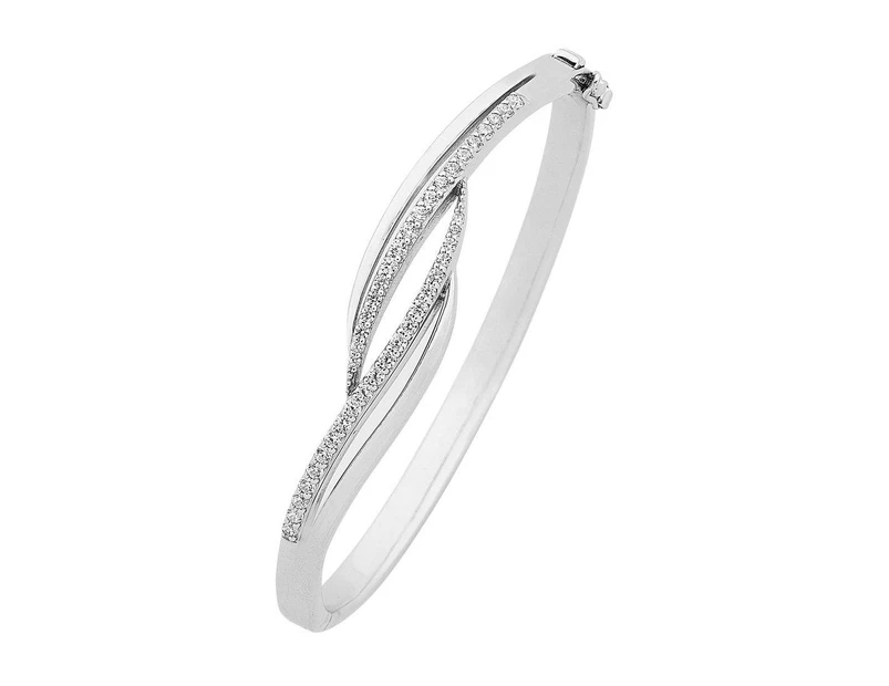 Bevilles Sterling Silver White Cubic Zirconia Waved Loop Bangle